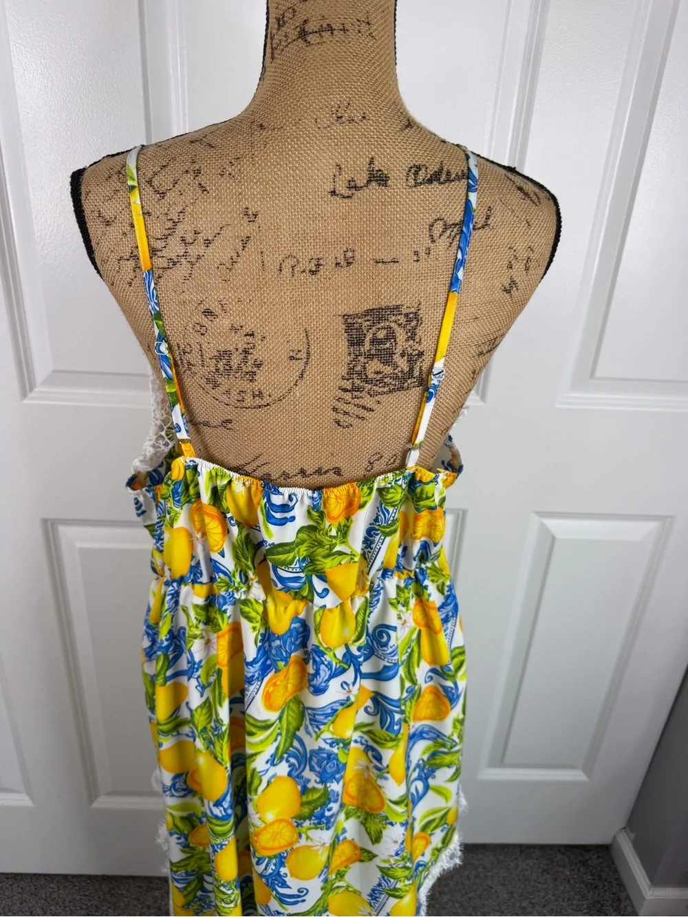 Boutique Lemon Print Lace Midi Dress XL Mediterranean Summer Cottagecore NWOT